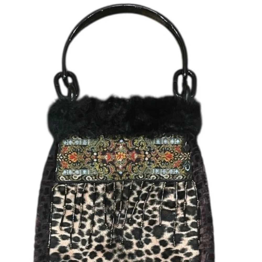 Animal Print Boho Style Faux Fur Embroidered Band Beaded Detail Wrist Bag